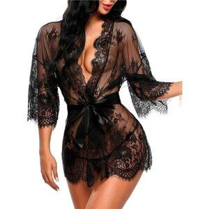 Women's Lace Kimono Robe Babydoll Lingerie Mesh Nightgown